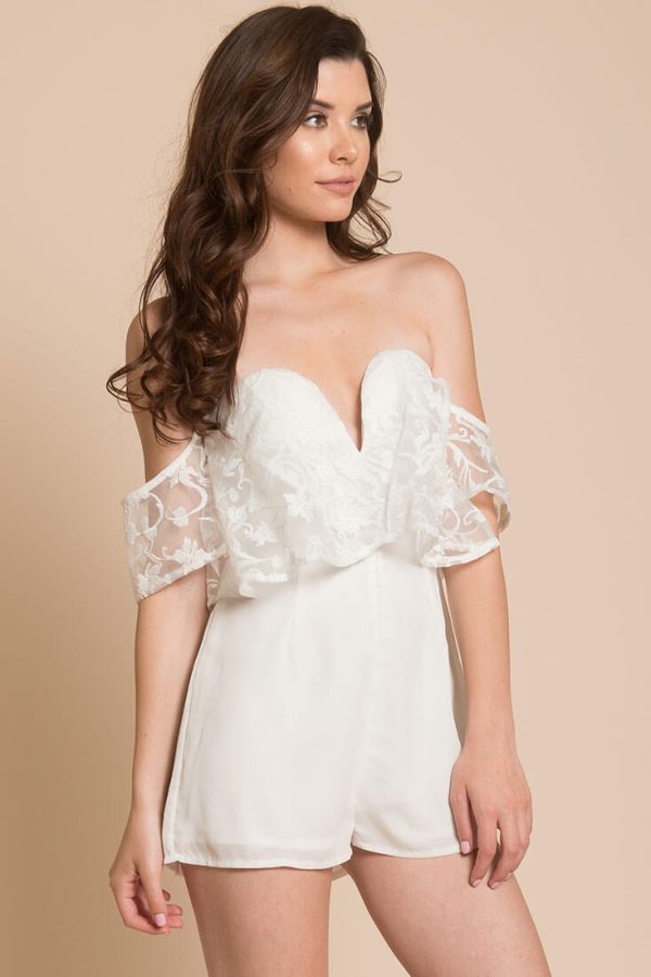 Adeline Lace Open Back Club Party Romper White Sale