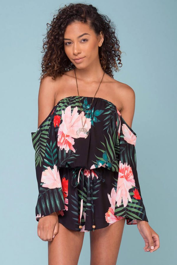 Alyssa Floral Off The Shoulder Romper Black Hot on Sale