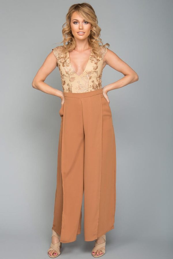 Ayelle Wide Leg Dress Pant Camel Hot on Sale