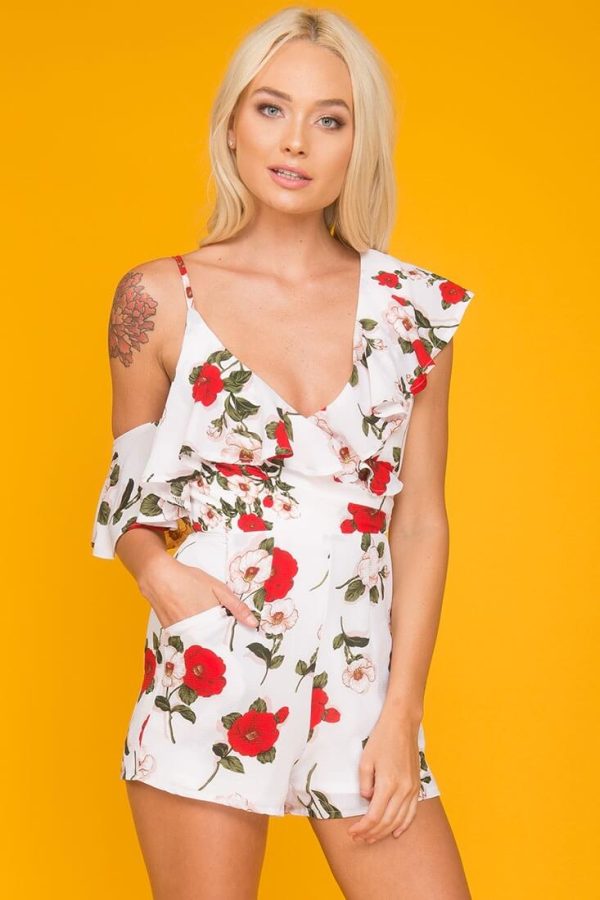 Daleyza Ruffled Floral Romper White & Red Online