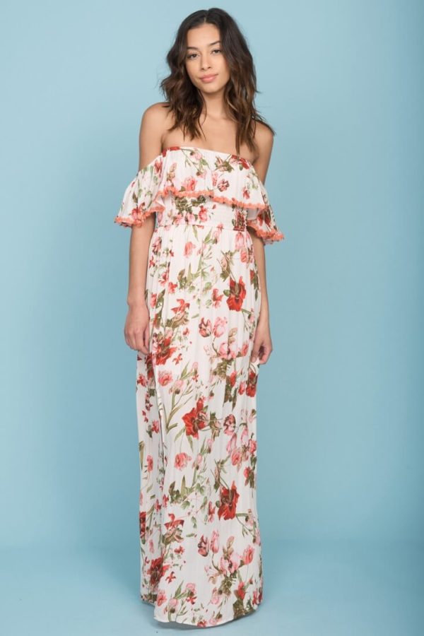 Tuscany Off The Shoulder Maxi Dress White & Red Cheap