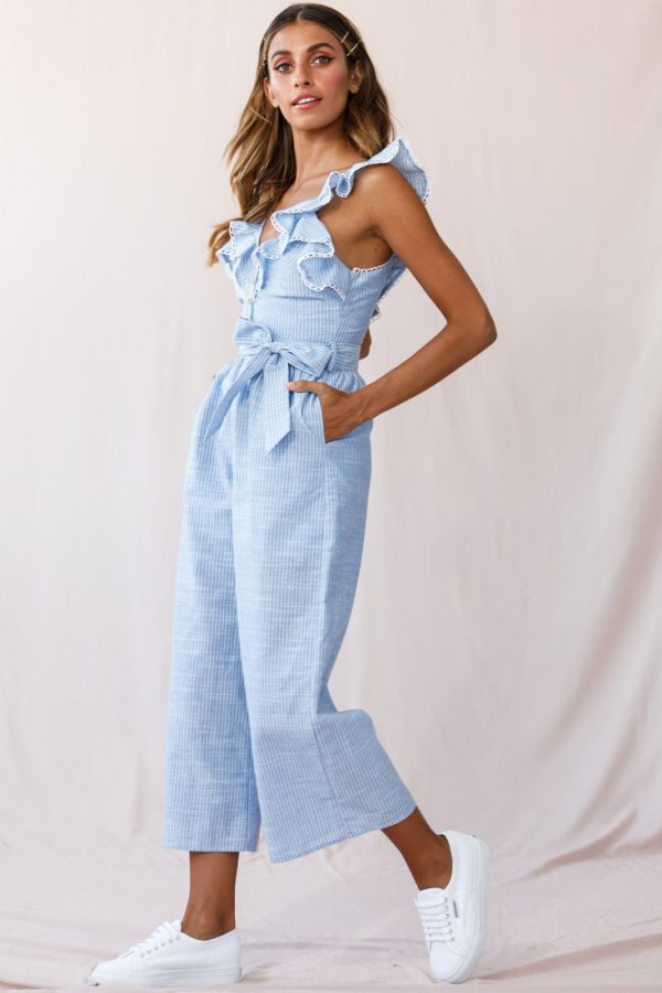 Danube Belted Waist Pinstripe Jumpsuit Blue Online now