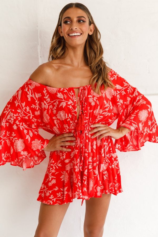 Fiona Drawstring Floral Romper Red Online now