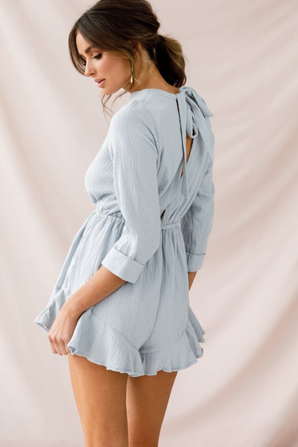 Mimi Three-Quarter Sleeve Drawstring Romper Grey For Cheap