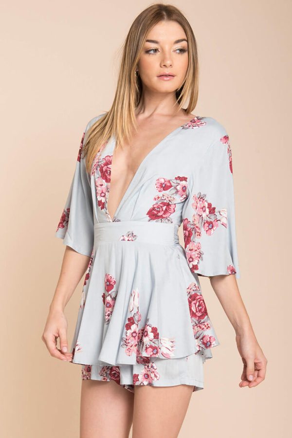 Rosalynn Bow Tie Floral Romper Blue Online Sale